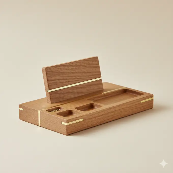 Desk-Organizer aus geölter Eiche mit Messingdetails als ruhiges Produkt-Still