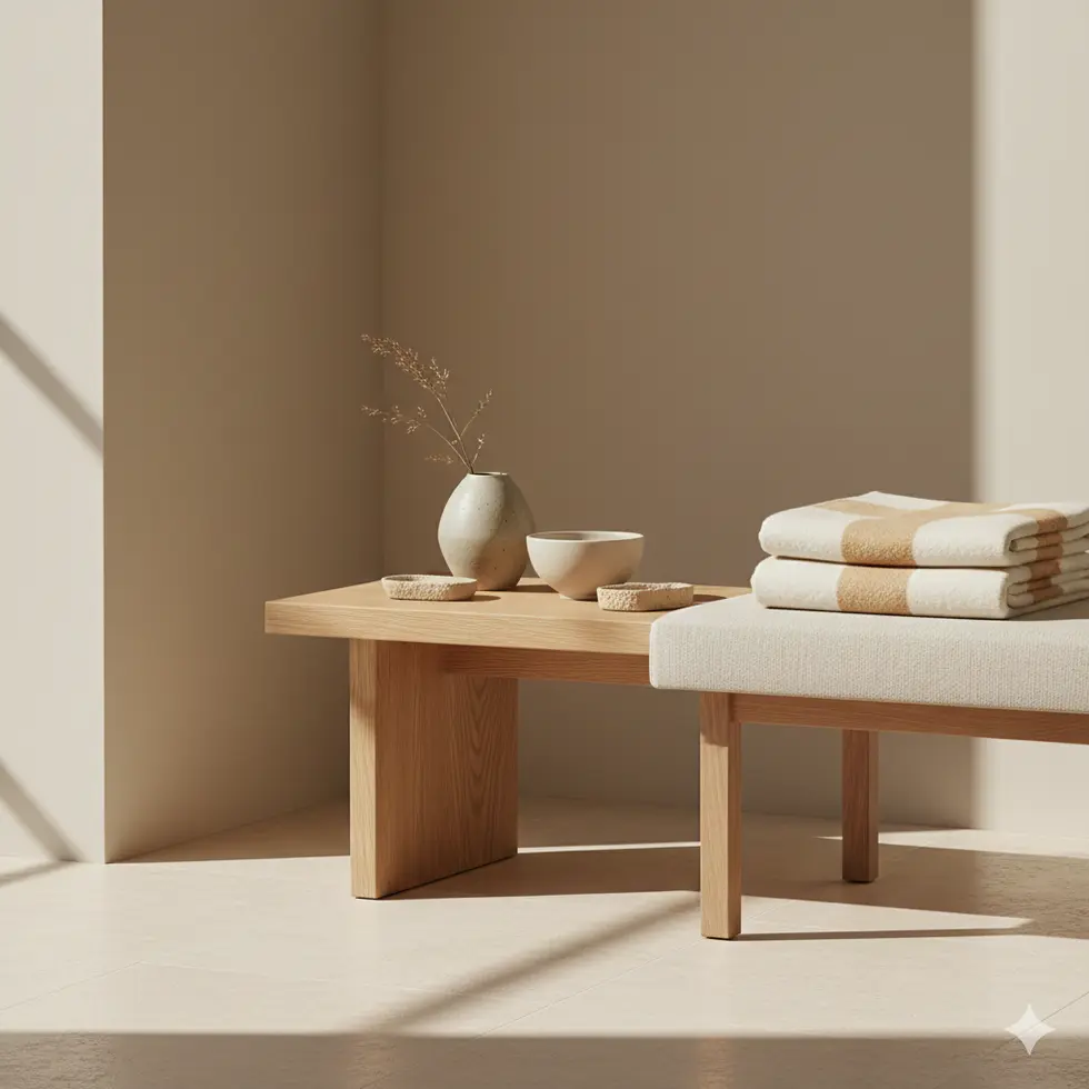 Interiors-Editorial mit Holzbank, Keramik und Textilien im minimalistischen Raum