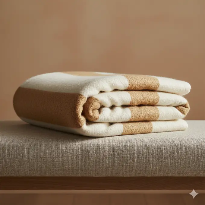 Gefaltete Merino-Reisedecke in Naturweiß mit sandfarbenem Streifen auf Stoffbank