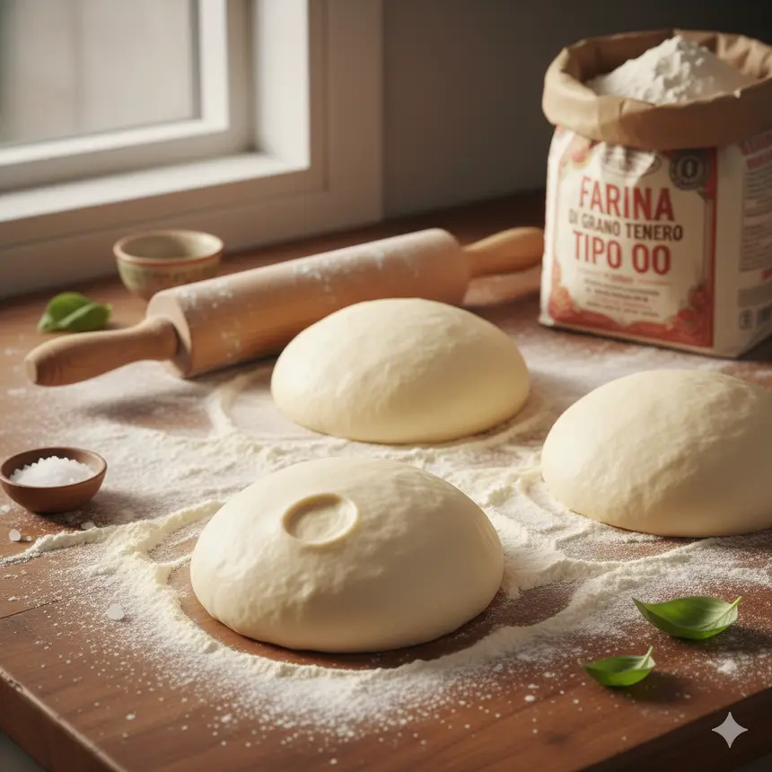 Teiglinge und Mehl auf der Arbeitsfläche bei der Vorbereitung