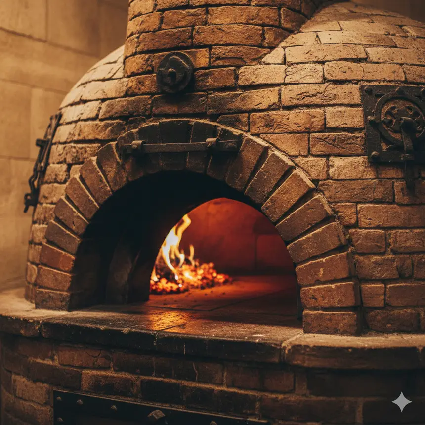 Historischer Holzofen mit offener Flamme